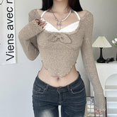 Bowknot fluffy halter patchwork long sleeve ruffle crop top